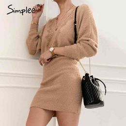 Sexy khaki knitted backless women V-neck lace up bodycon short Office street autumn winter dress 210414