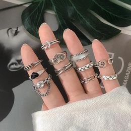 Cluster Rings 11 Styles Ancient Silver Colour Knuckle For Women Korean Vintage Heart Chain Open Size Index Finger Ring Femme Boho Jewellery