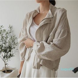 Women's Jackets Casual Vintage Pockets Streetwear Stand Brief Cotton Linen Tops Solid Women Loose Coat Style Spring Autumn Zipper Full