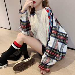 [EWQ] Spring Clothes Woman Plus Size Long Sweater Coat Contrast Color Long-sleeved Plaid Ladies Warm Pullover Knit 210423