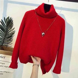 Red Knitted Pullover Sweaters Women Korean Warm Turtleneck Long Sleeve Casual Loose Female Knitwear Jumper Autumn Winter 210805