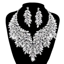 Luxurious Dubai style Wedding Jewellery Sets Rhinestone Crystal Statement Bridal silver Colour Necklace Set Christmas Gift for lady