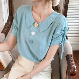 Summer Shirt Puff Sleeve Chiffon Women's Loose Short OL Women Blouse Peter pan Collar Woman Tops and Blouses 210604