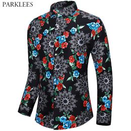 Rose Floral Printed Mens Dress Shirts Wedding Party Shirt for Men Casual Slim Fit Mens Long Sleeve Shirt Daily Streetwear Male 210524