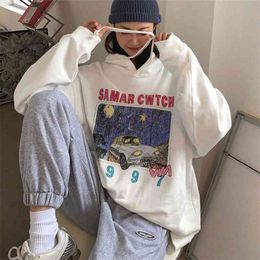 Spring Autumn Korea Fashion Women Long Sleeve Loose White Pullovers All-matched Casual Hooded Cotton Print Hoodies V66 210512