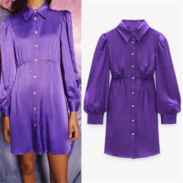 Vintage Purple Satin Shirt Dress Women Autumn Long Puff Sleeve Pleated Collared Mini es Ladies Button Elegant 210519
