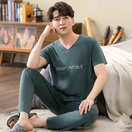 Men's Modal Cotton Pajamas Set Summer Short-Sleeve Tops + Long Pants Nightwear Home Wear Suits Simple Fashion Sleepwear for Men 211111