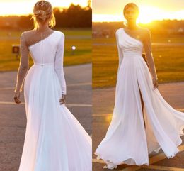 Sexy Boho White Ivory Wedding Dress 2021 Long Sleeves O Neck Beading A Line Chiffon Bride Gown Slit Bridal Dresses