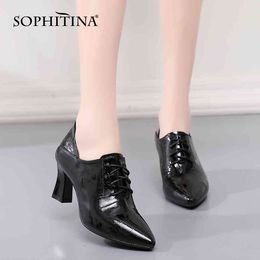 SOPHITINA Pumps Plaid Pattern Woman Genuine Leather Lace Up Pointed Toe Deep Mouth High Square Heel Office Lady Shoes PO1016 210513