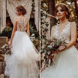 Bohemian A-Line Wedding Dress Sleeveless Tulle White Lace Appliques Gorgeous Stunning Bridal Gown Princess Custom Made Robe