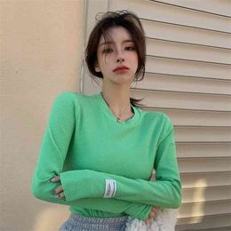 Spring and Summer Style Long-sleeved Wild Pullover Round Neck Inner Base Shirt T-shirt Knit Sweater White Top Women 210529