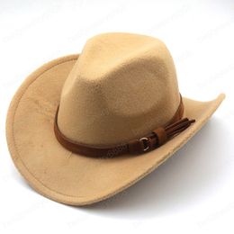 Men Women Western Cowboy Hat With Cow Head Band Wide Brim Hats Pop Jazz Hat Autumn Winter Wool Cap Size 56-58CM