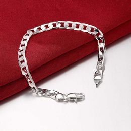 Silver Colour 6m Flat Sideways Bracelet - Men's Simple Geometric Silver Colorware Lobster Claw Clasp Bracelet H245 Q0719