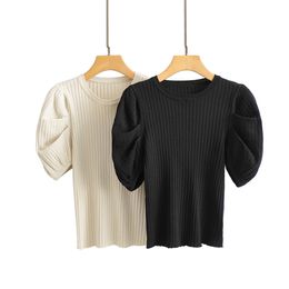 Ezgaga Sweaters for Women Half Puff Sleeve O-Neck Knitting Tops Solid Stretch Autumn Pullover Thin Office Lady Elegant Fashion 210430