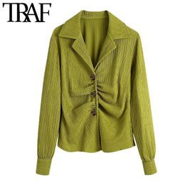 TRAF Women Fashion Button-up Pleated Blouses Vintage Lapel Collar Long Sleeve Female Shirts Blusas Chic Tops 210415