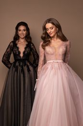 Tulle V-Neck Maxi Lace Prom Dress Long Sleeve Black Party Evening Dresses Pink Guest Gowns