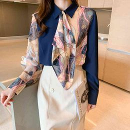 Fashion Chain Printing Ladies Epaulet Tops Long Sleeve Chiffon Shirt Blouse Asymmetric Stitching Printed Silk Scarf 210416