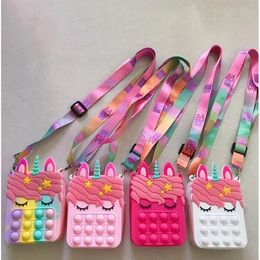 Fidget Sensory Bubble Bretelle Shoulder Bag Cellphone Straps Finger Push Phone Pouch Case Change Coin Purse Decompression Unicorn Popping Toys for Girls Kids