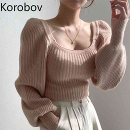 Korobov Korean Women Sweaters Vintage Elegant Puff Long Sleeve Square Collar Jumper Femme Office Lady Solid Sueter Mujer 210430