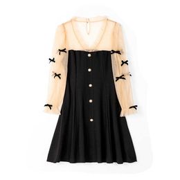 PERHAPS U Black V Neck Long Sleeve Patchwork Autumn Mini Dress A line Elegant Mesh Long Sleeve Bow D2090 210529