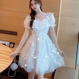Elegant Women White Mini Dress Summer Sexy Tulle Short Sleeve Sweet Butterfly Party Dress Lady Vestidos 210518