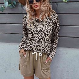 Fashion Home set summer leopard print stitching long sleeve women's casual two piece sets holiday style Casual Suit 210514