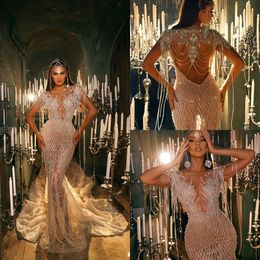 Luxury Beaded Mermaid Prom Dresses Lace Appliqued Sheer Jewel Neck Crystal Evening Dress With Long Train Formal Gowns Party Wear Vestido de novia