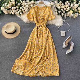 Lady Fashion A-line Dress Women V Collar Sweet Short Sleeve Floral Print Slim Casual Clothing Vestidos Q480 210527