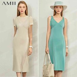 Minimalism Spring Summer 2pcs Set Solid Slim Fit Tshirt Sling Vneck High Waist Calf-length Fenale Dress 12070204 210527