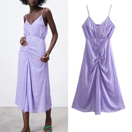 Women Summer Print Pleated Dress Spaghetti Strap Buttons Vintage Casual Female Elegant Dresses Vestidos Clothes 210513
