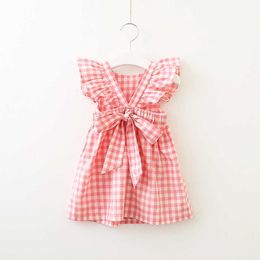 Summer Girls Bows Rufles Dress for Kids Lovely Plaid Checkes Sundress Holiday Clothing 210529