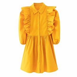 Spring Women Cascading Ruffle Yellow Mini Shirt Dress Female Puff Sleeve Clothes Casual Lady Loose Vestido D7371 210430
