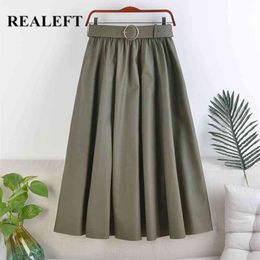 REALEFT Autumn Winter Faux PU-leather mi-long Skirts with Belt High Waist Elegant A-line Chic Mid-calf Umbrella Skirts 210721