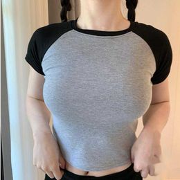 WOMENGAGA Sweet basic tight bottomed T-shirt women's short navel girl Colour contrast sexy elastic top t shirt tees 3KX9 210603