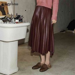 Free Retro Dark Brown Midi Leather Skirt Women's Irregular High Waist A-line Pleated Elegant Party 210524