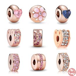 925 Silver rose gold Colour Pink blue Heart Solitaire clip diy Charm Fit Pandora Charms Bracelet DIY Women Original Beads Jewellery