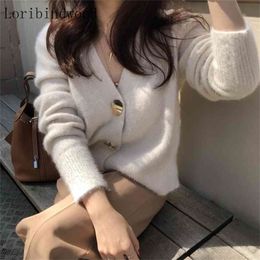 Autumn And Winter Korea Knitted Sweater Women Cardigans Mohair Thicken Jacket Long Sleeve Single Button Jumper 210914