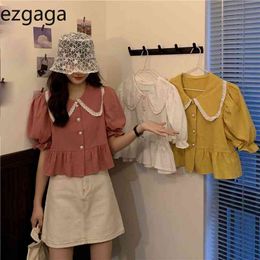Ezgaga Crop Tops Women Blouse Fashion Peter Pan Collar Short Puff Sleeve Sweet Loose Korean Chic All-Match Shirts Casual 210430