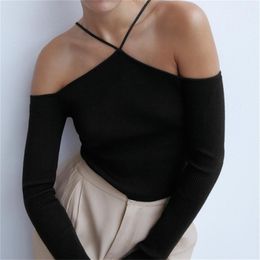 TRAF Women Fashion Strapless Long Sleeve Halter Knit Top Hollow Sweater Streetwear 211007