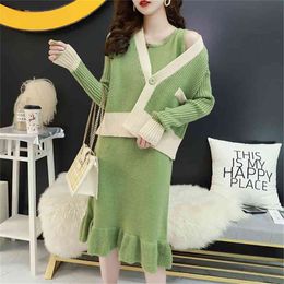 Fashion Autumn Winter Women Knit Angora Rabbit Hair Cardigan Knitwear Jackets+Sweater Vest Dress Two-piece Suit Flounced 210427