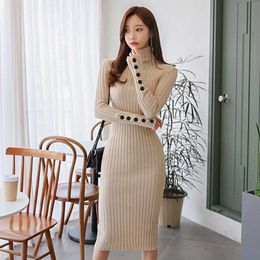 Womens Autumn Winter Knitted Sheath Turtleneck Dresses Long Sleeve Bodycon Solid Basic Sexy Midi Vestidos 210529