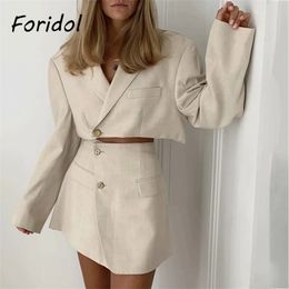Foridol High Fashion Blazer Dress Sets Women Two Pieces Top Skirt Suits Ladies Chic A-line White Dress Sets Spring Autumn 210415