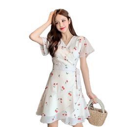 Fashion women mini dress summer cherry print skirt short sleeve chiffon for 210520