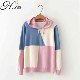 HSA Women Winter Hoodies Pullover Sweaters Sweet Cute Patchwork Contrast Jumpers Fall Chic Pull Sweater Knit Tops 210430