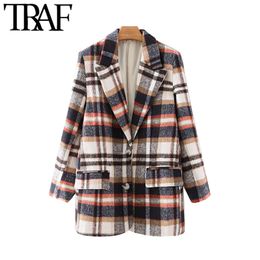 TRAF Women Fashion Single Breasted Cheque Woollen Blazer Coat Vintage Long Sleeve Pockets Female Outerwear Chic Tops 210415