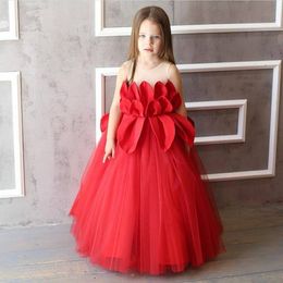 2021 Red Sheer Neck Flower Girl Dresses Ball Gown Crew Tulle Lilttle Kids Birthday Pageant Weddding Gowns