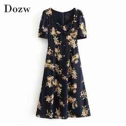 Women Short Sleeve Floral Print Elegant Dress Square Collar Pleated Vintage Dress Summer Back Zipper Midi Dress Vestidos Mujer 210414