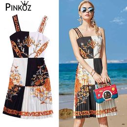 Summer Vacation Party Dress Women Spaghetti Strap Floral print Beading Elegant Pleated baroque vintage Dresses 210421