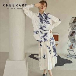 CHEERART Tie Dye Long Pleated Skirt Womens High Waist Ink Wash Painting Floral White Flowy Ladies Midi Skirt Clothes 210412