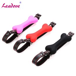 Cute Solid Leather Harness Mouth Silicone Dog Bone Ball Gag BDSM Mouth Plug Couples Flirting Sex Products For Women SP0015 P0816